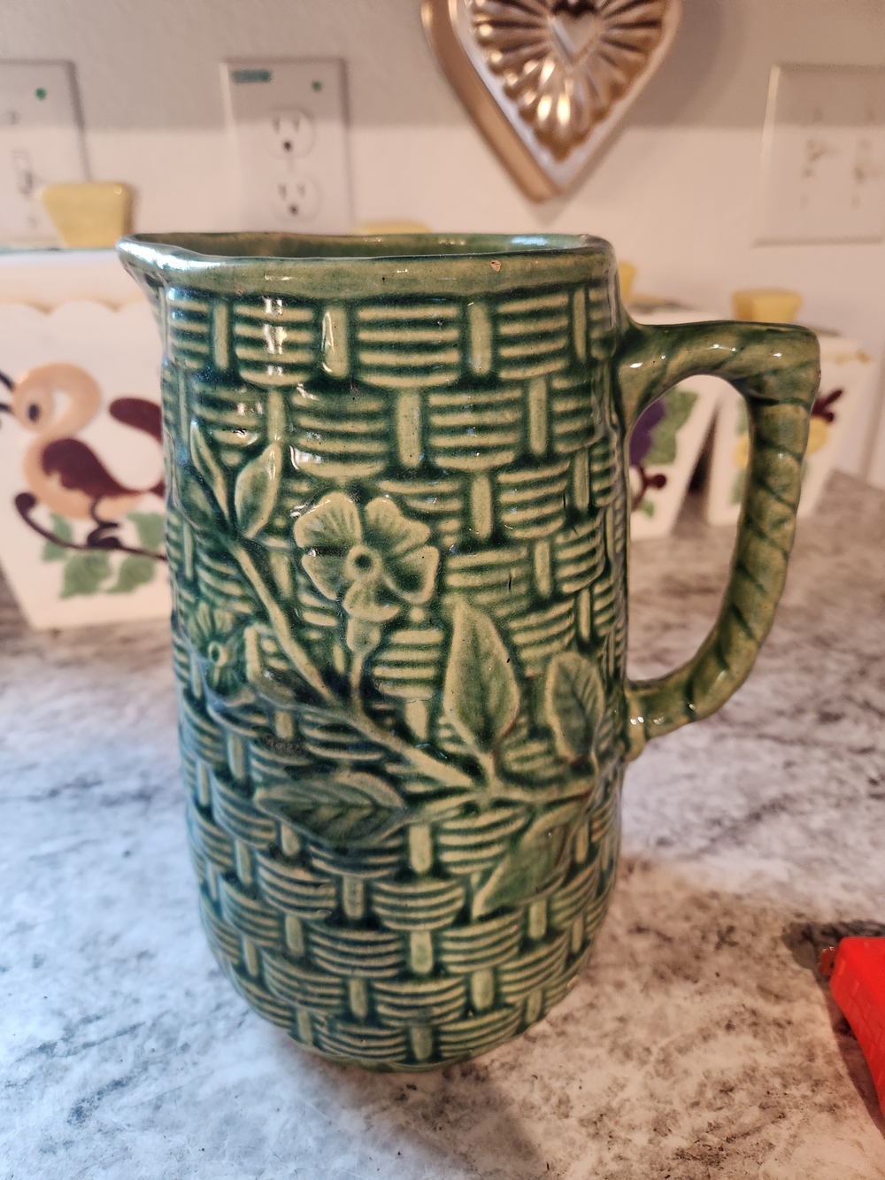 Mccoy Green Floral Basketweave Pitcher - RARE